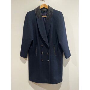 Vtg David Benjamin Wool Coat Womens 12 Navy Double Breasted Paisley Print Collar